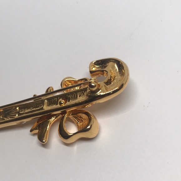 1995 Merksamer Candy Cane W/Bow Christmas Brooch Pin Gold Tone Red Green Blue - Picture 5 of 6